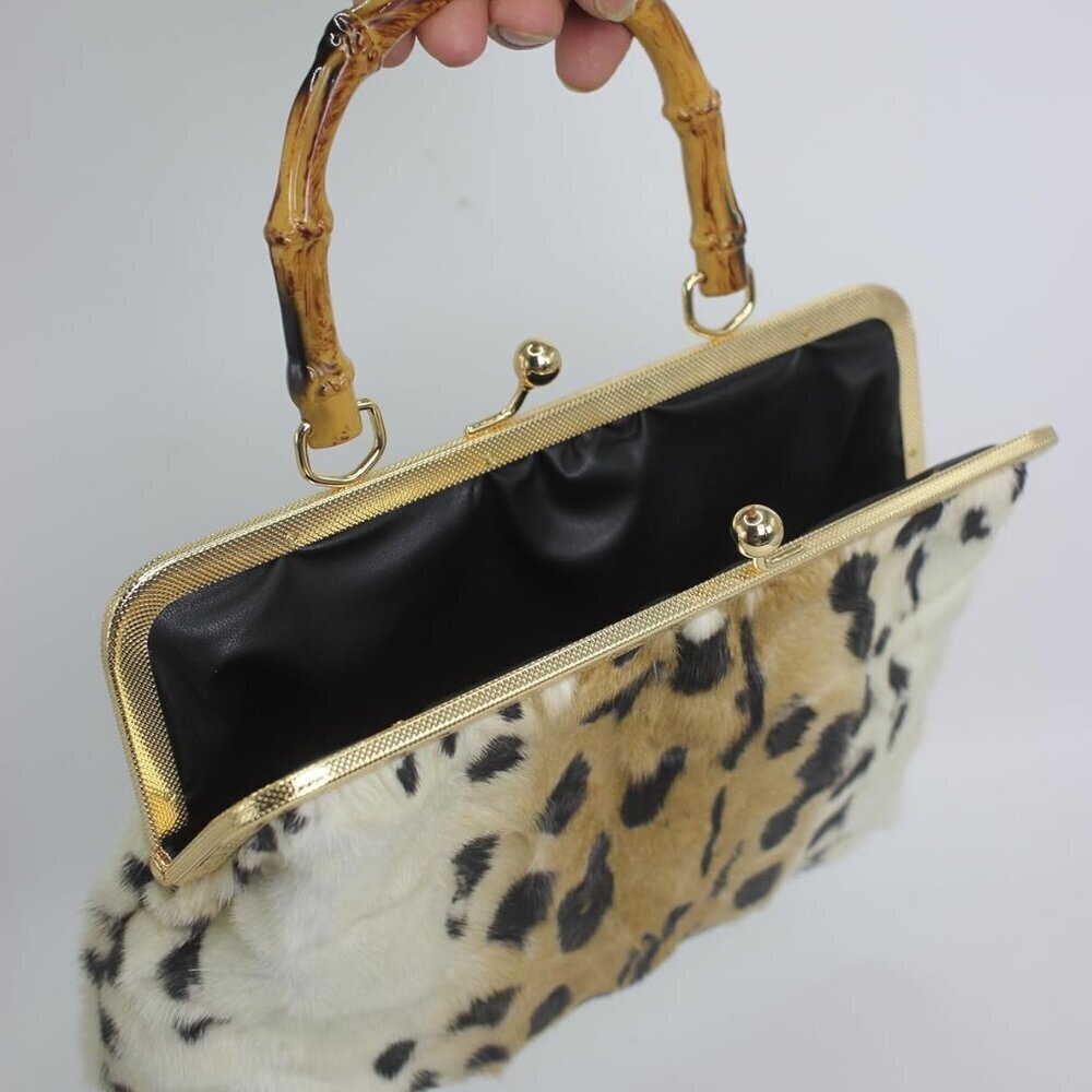 Women's Mink Fur Clutch Animal Print Mini Handbag with Kisslock Closure - Picture 6 of 9